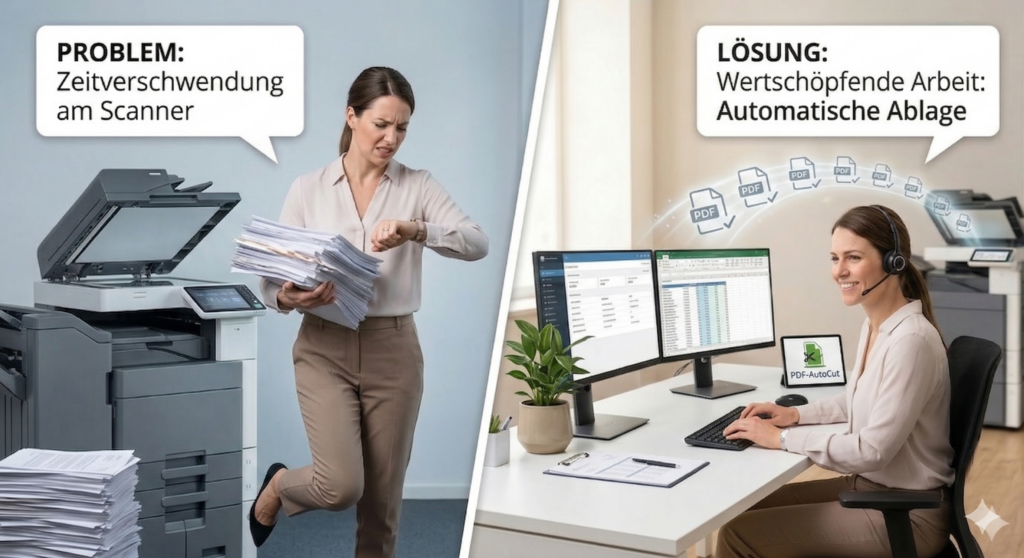 Vorher-Nachher-Vergleich: Büroangestellte spart Zeit am Scanner durch automatische PDF-Trennung mit PDF-AutoCut. PDF automatisch trennen.