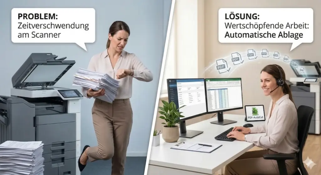 Vorher-Nachher-Vergleich: Büroangestellte spart Zeit am Scanner durch automatische PDF-Trennung mit PDF-AutoCut. PDF automatisch trennen.