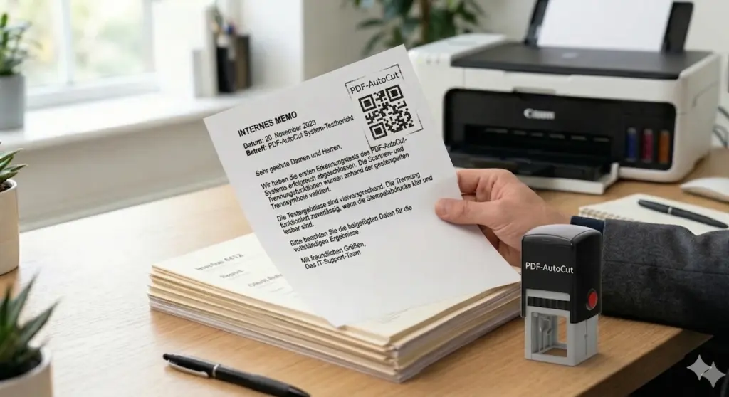 Dokument scannen und PDF nach Stempel trennen.