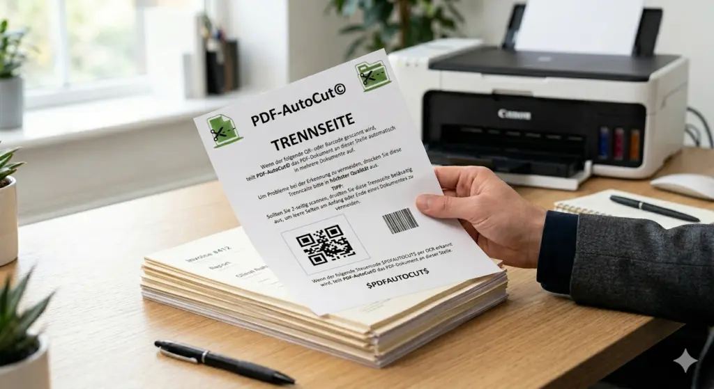 Papierstapel digitalisieren. PDF mit Trennseite trennen.
